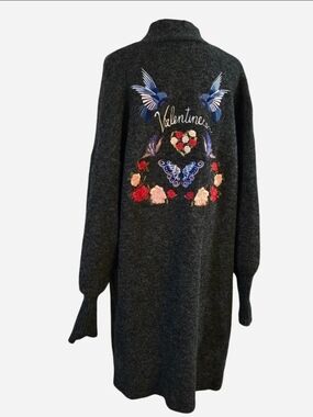 Charcoal Knit Oversized Cardigan with Embroidered Blue Birds & Floral Heart